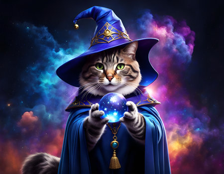 A sorcerer cat wearing a witch hat and a cape in a mysterious background. Amazing digital illustration. CG Artwork Background.の素材