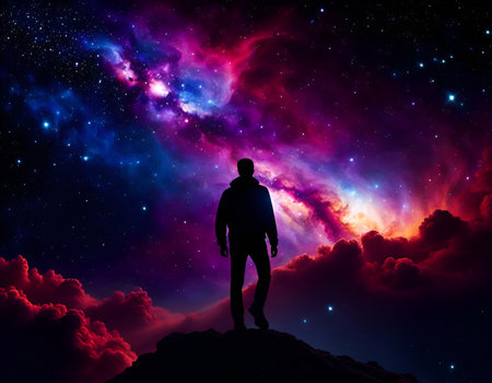 Man facing endless universe with sparkling stars, galaxies, and nebulas in outer space. Amazing Cosmos Background. Digital illustration. CG Artwork Background.の素材