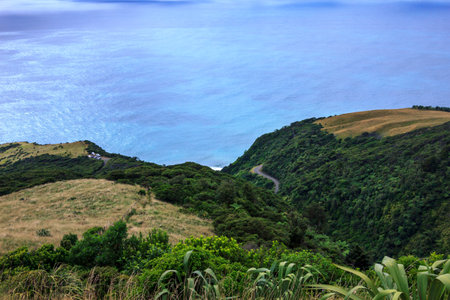 Breathtaking view over Te Toto Gorge Lookout and Mt Kariori on an overcast summer day. High vantage point. Raglan Waikatoの写真素材