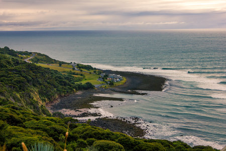 Panoramic view over Manu Bay at sunset. Raglan, New Zealandの写真素材