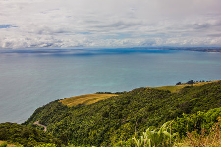 Breathtaking view over Te Toto Gorge from Mt Kariori on an overcast summer day. High vantage point. Raglan Waikato.の写真素材
