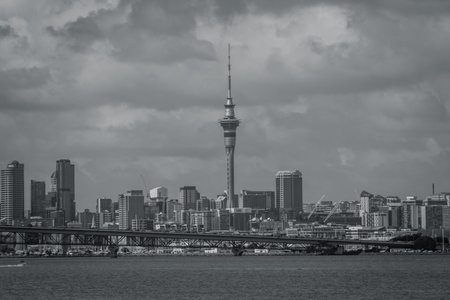 Retro style photo of a view over Auckland Harbour and a skyline of Auckland City from a suburb of Birkinhead. North Island, New Zealandの写真素材