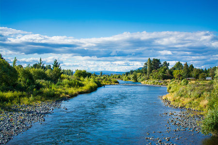 Estuary of Tongariro river near Lake Taupo. Magnificent mountains in the background. North Island...