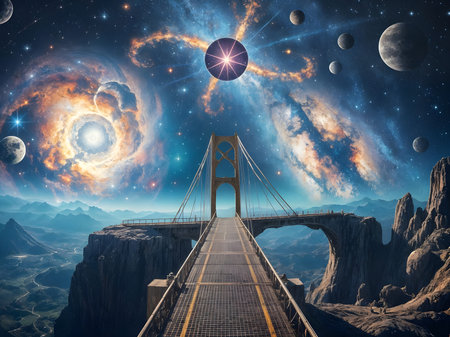 A futuristic bridge stretches across space-like mountains under a glowing galaxy sky, where stars and nebulae create a surreal and cosmic dreamscape. CG Artwork Background. AI generated digital illustrationの素材