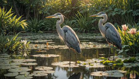 Two elegant herons stand poised among lily pads at sunrise, surrounded by lush greenery and blooming lotus flowers in tranquil waters. Amazing digital illustration. CG Artwork Backgroundの素材