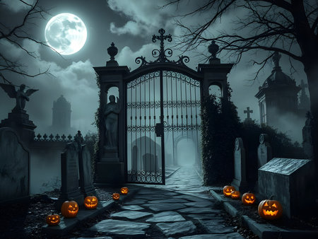 Under the full moon, glowing jack-o-lanterns light a haunted graveyard gate, where eerie statues and mist set a chilling Halloween scene. Concept of Halloween. CG Artwork Background.の素材