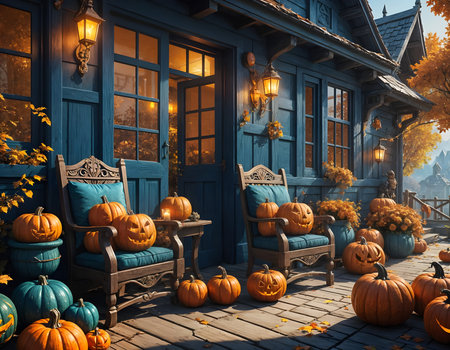 Charming autumn porch decorated with glowing jack-o-lanterns, teal pumpkins, and cozy chairs under warm lantern light for Halloween night. Concept of Halloween. CG Artwork Background.の素材