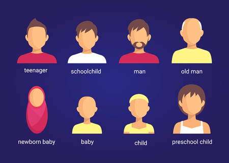 People Icon Isolated Background. Set of flat icons of people: man, woman, child, girl, old man. User sign icon. Person symbol.のイラスト素材
