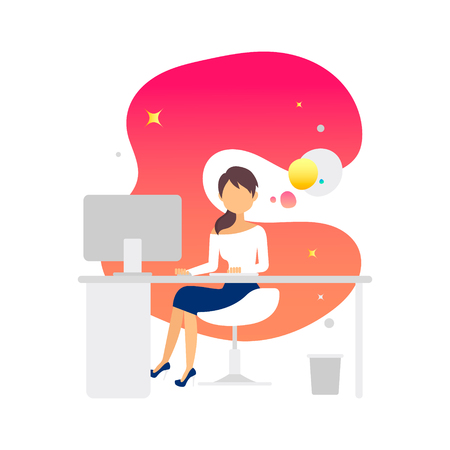 Woman sitting at the table and working on the computer.のイラスト素材