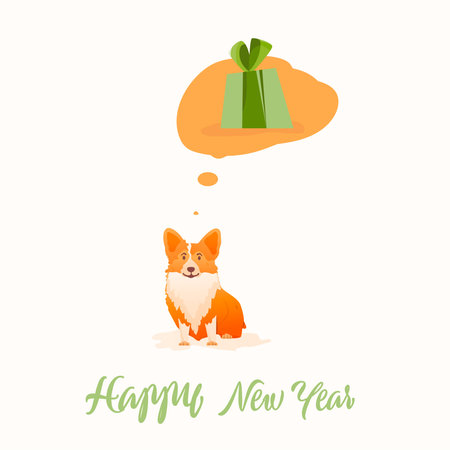 Corgi thinks about gift Illustration for the holidays. Happy  Red dog with gifts of the symbol of 2018.のイラスト素材