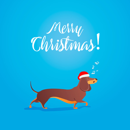Dachshund wearing red Santa Claus hat dances Christmas vector illustration for Christmas or New Year 2018 designのイラスト素材