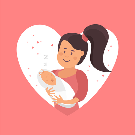 Woman with newborn baby in love on white background.のイラスト素材