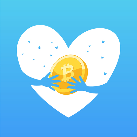 Coin concept. Illustration of a heart with a bitcoin icon. Crypto currency logo sigh.のイラスト素材