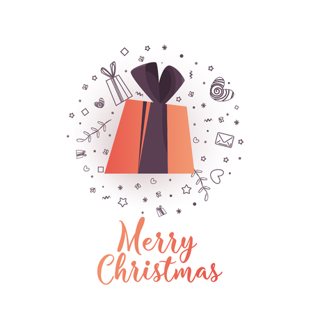 Merry Christmas poster with gift and icons.  Isolated white backgroundのイラスト素材