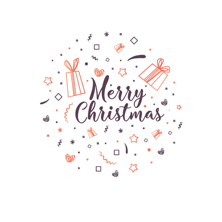 Merry Christmas Lettering Composition. Gift and ellements on white background. Vector illustration.のイラスト素材