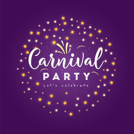 Carnival party greeting card with mask, stars, firework Icons on shiny pattern.のイラスト素材