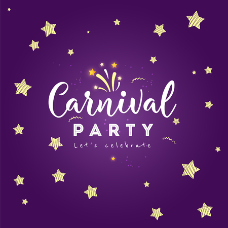 Carnival party greeting card with mask, stars, firework Icons on shiny pattern.のイラスト素材