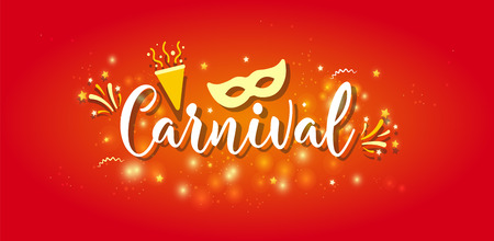 Carnival Concept Banner with mask, stars, firework Icons on shiny red pattern.のイラスト素材