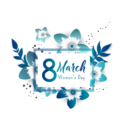 Color flyer for March 8 with the decor of paper cut flowers.Happy Women's Day. Trendy Design Template. Vector illustrationのイラスト素材