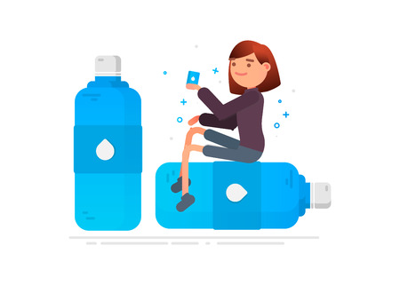 Woman drinks water.Concept of drinking water, healthy.  Vector flat style cartoon illustration isolated on white backgroundのイラスト素材