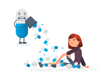 Pills fall on a woman. Health. Cartoon illustrationのイラスト素材