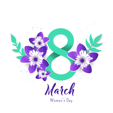 8 March. Bright flyer for March 8 with the decor of paper cut flowers. Women's Day.のイラスト素材