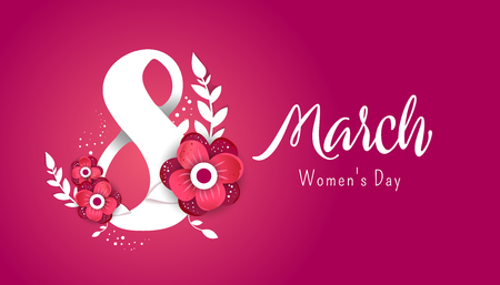 Color flyer for March 8 with the decor of paper cut flowers.Happy Women's Day. Trendy Design Template. Vector illustrationのイラスト素材