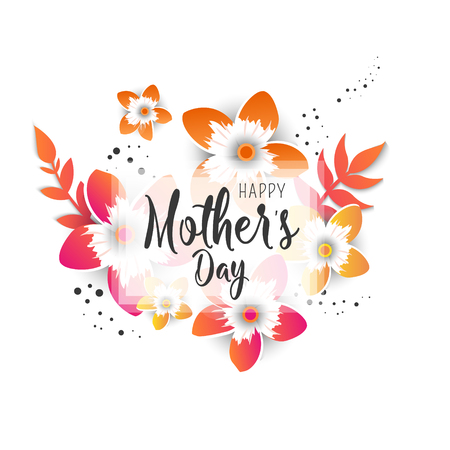 Congratulations to the Happy Mothers Day. Style of cut paper with a pattern of spring plants, leaves and flowersのイラスト素材