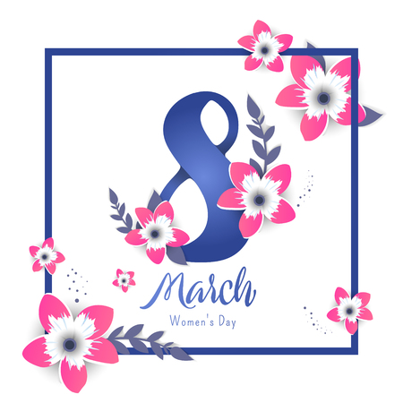 8 March. Bright flyer for March 8 with the decor of paper cut flowers. Women's Day. Trendy Design Template. Vector illustrationのイラスト素材