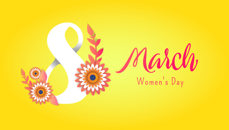 Color flyer for March 8 with the decor of paper cut flowers.Happy Women's Day. Trendy Design Template. Vector illustrationのイラスト素材