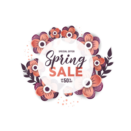 Paper art of  Spring  origami  circle sale banner concept. 50 percent discountのイラスト素材
