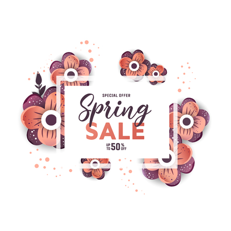 Paper art of  Spring  origami sale banner  concept. 50 percent discountのイラスト素材