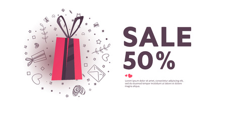 Illustration of love and valentine day. Sale 50 percent discount. Paper art and craft style.のイラスト素材