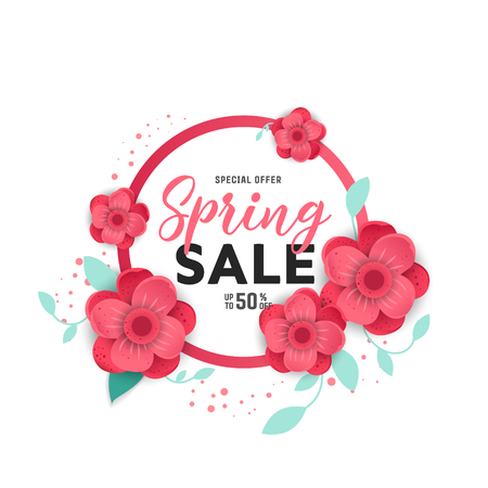 Paper art of spring sale Bright flyer for Spring sale with the decor of paper cut flowers. Women's Day. Trendy Design Template. Vector illustrationのイラスト素材