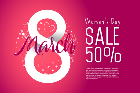 8 march. Bright flyer with the decor of paper cut flowers. Women's Day. Trendy Design Template. Vector illustrationのイラスト素材
