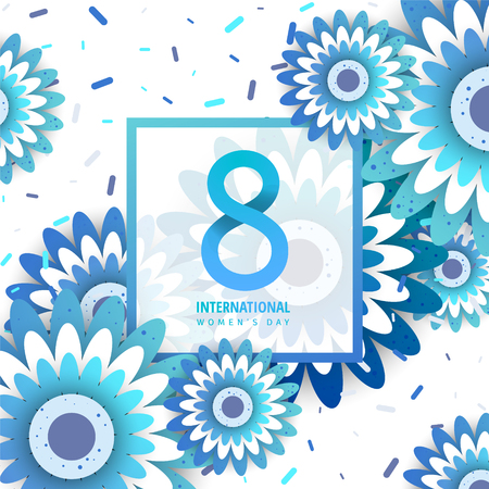 International women's day flyer. 8 number with blue paper cut flowers vector illustration. Trendy Design Template.のイラスト素材