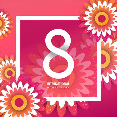 International women's day flyer. 8 number with rose paper cut flowers vector illustration. Trendy Design Template.のイラスト素材
