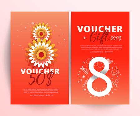 Bright set of gift voucher 50 dollars discount with flowers and 8 number paper cut styleのイラスト素材