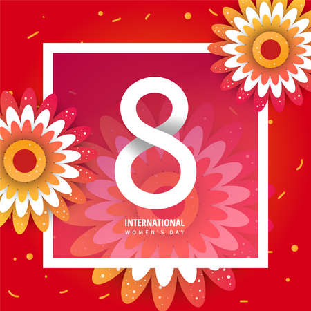 International women's day flyer. 8 number with red paper cut flowers vector illustration. Trendy Design Template.のイラスト素材