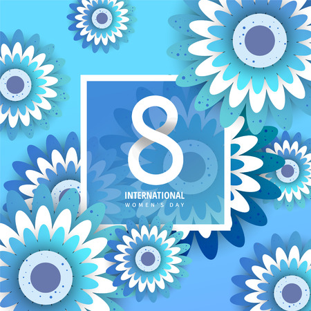 International women's day flyer. 8 number with blue paper cut flowers vector illustration. Trendy Design Template.のイラスト素材