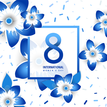 International women's day flyer. 8 number with blue paper cut flowers vector illustration. Trendy Design Template.のイラスト素材