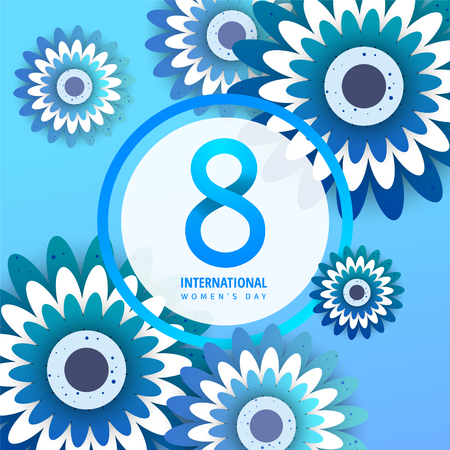 International women's day flyer. 8 number with blue paper cut flowers vector illustration. Trendy Design Template.のイラスト素材