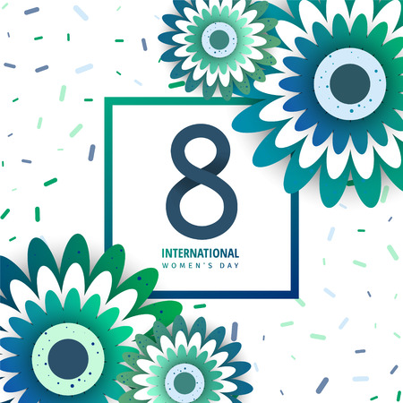 International women's day flyer. 8 number with green paper cut flowers vector illustration. Trendy Design Template.のイラスト素材