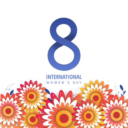 Bright postcard with 8  number, color flowers in style paper cut. Trendy Design Template.のイラスト素材