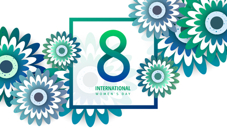International women's day flyer. 8 number with green paper cut flowers vector illustration. Trendy Design Template.のイラスト素材
