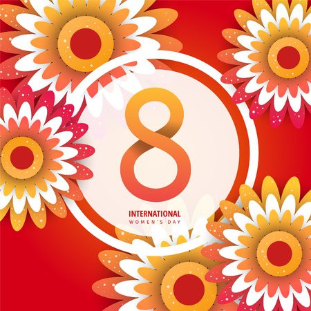 International women's day flyer. 8 number with red paper cut flowers vector illustration. Trendy Design Template.のイラスト素材
