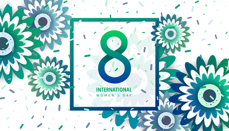 International women's day flyer. 8 number with green paper cut flowers vector illustration. Trendy Design Template.のイラスト素材