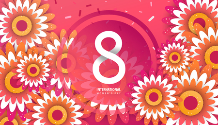 International women's day flyer. 8 number with red paper cut flowers vector illustration. Trendy Design Template.のイラスト素材