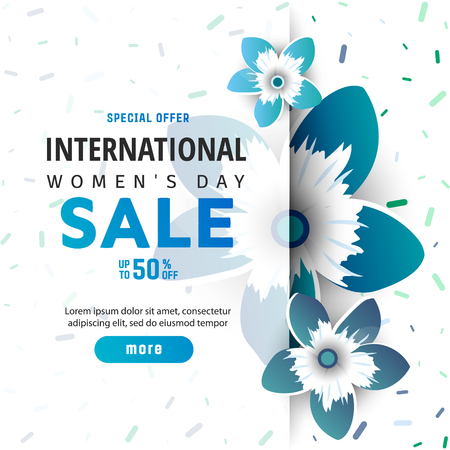 International women's day sale poster. Color flowers in style paper cut. Trendy Design Template.のイラスト素材