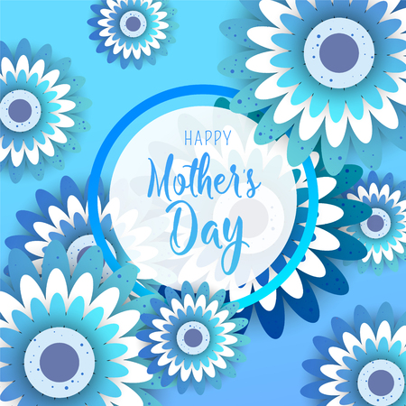 Happy Mother's Day lettering with bright flowers in style paper cut. Trendy Design Template. Vector illustrationのイラスト素材